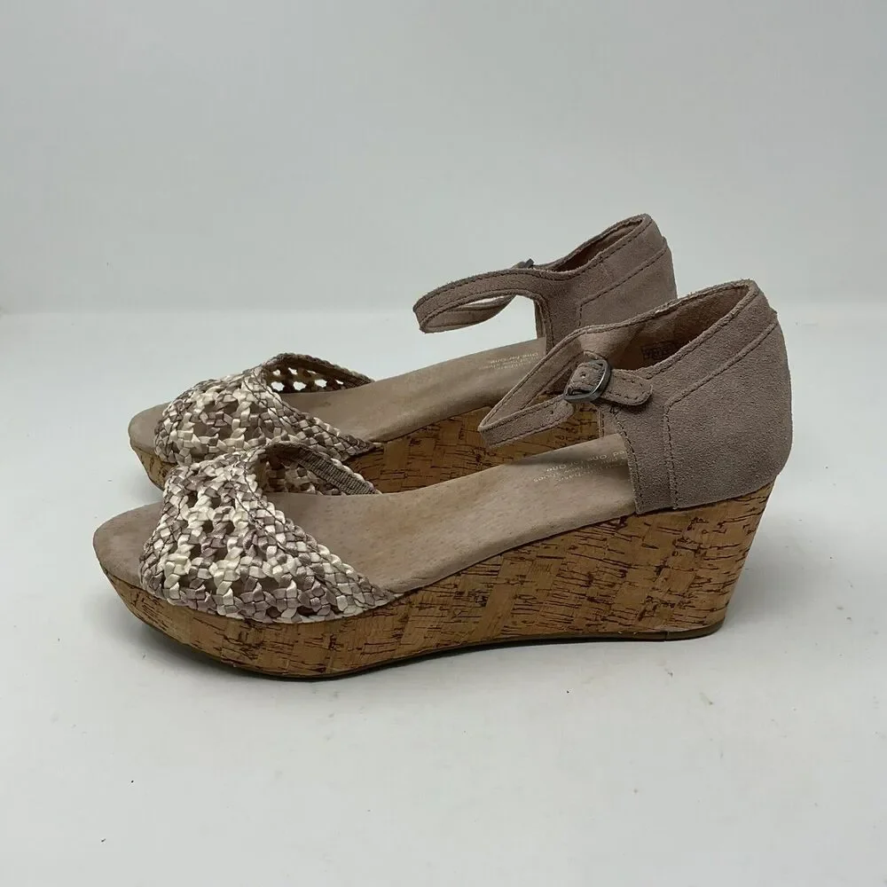 Toms Wedge Sandals‎ 7.5 Beige Tan Strappy Open Toe Shoes Ankle Strap Cork Heel